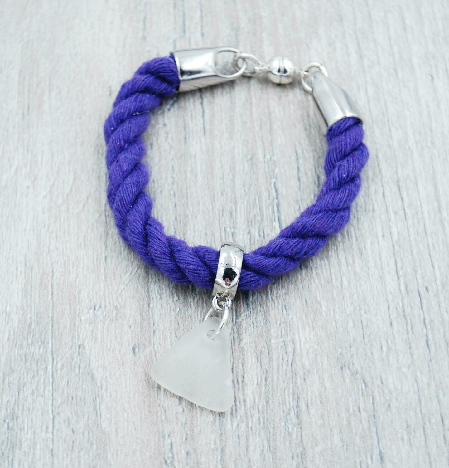 Purple Nautical Rope Bracelet with White Lake Erie Beach Glass