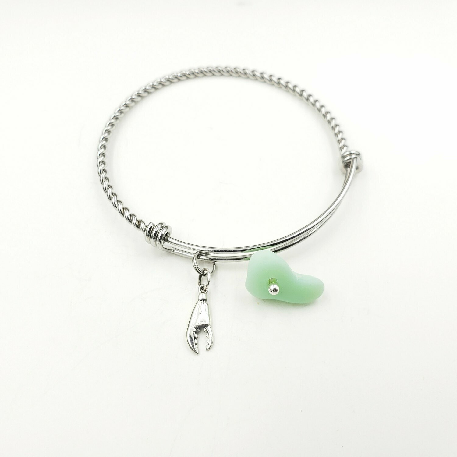 Bangle Bracelet with Crab/Lobster Claw Charm and Jadeite Lake Erie Beach Glass