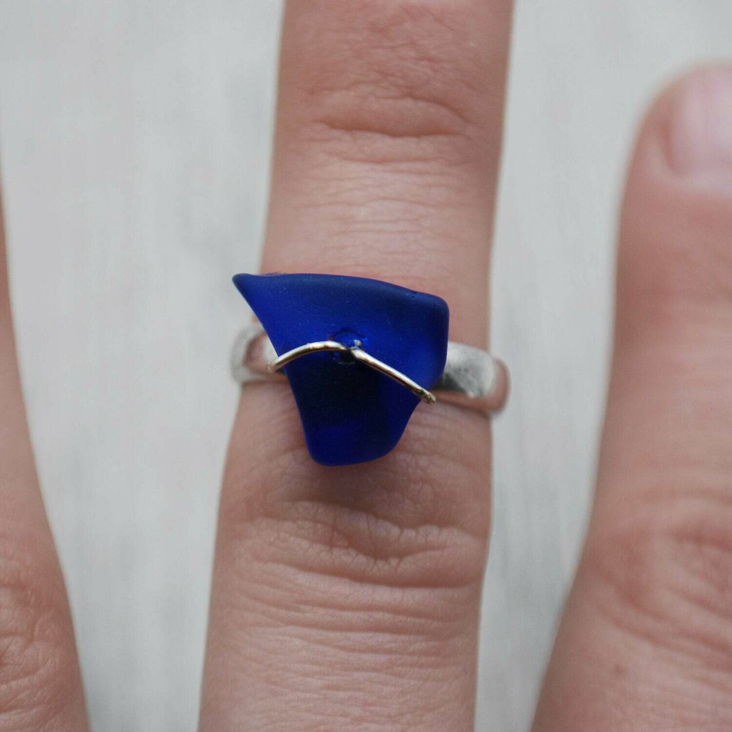 Cobalt Blue Maine Sea Glass Wire Wrapped Ring in Sterling Silver