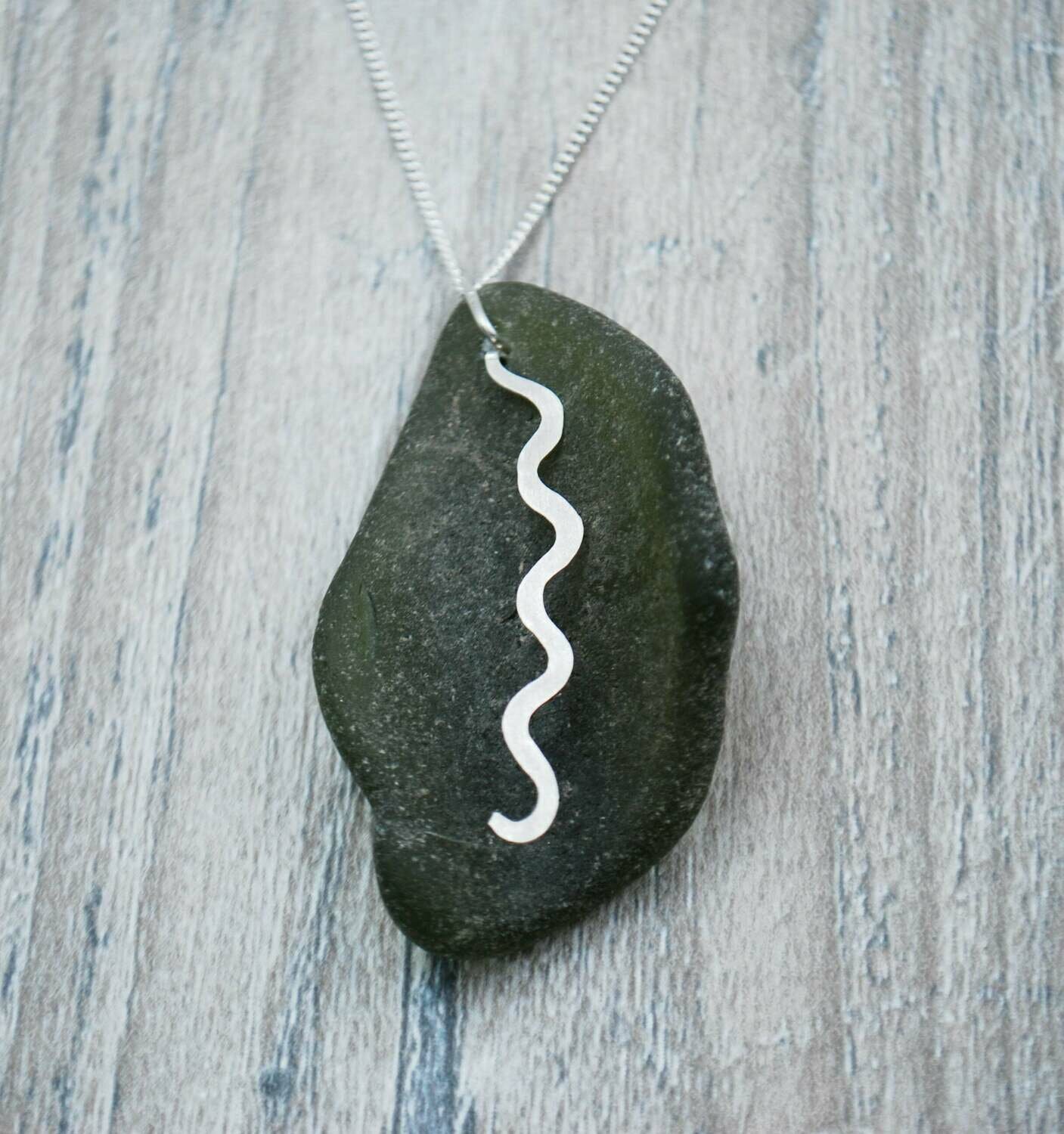 Olive Green Maine Sea Glass Necklace with Silver Wave