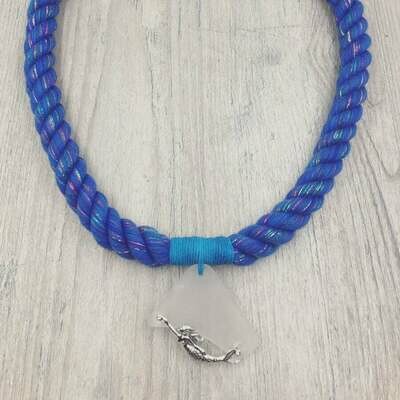 Blue Glitter Rope Necklace with Maine Sea Glass and Silver Mermaid