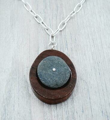 Walnut Wood and Lake Erie Beach Pebble Necklace