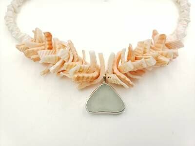 Pale Seafoam Lake Erie Beach Glass Bezel with Vintage Shell Necklace