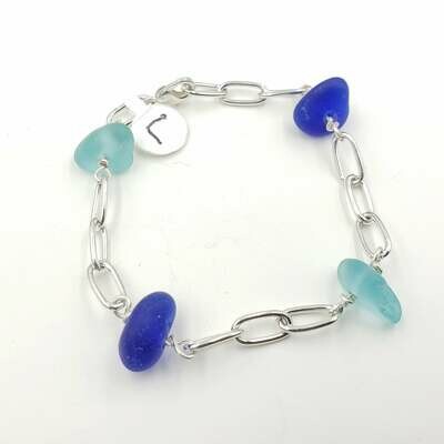 Dark and Light Blue Lake Erie Beach Glass Chain Bracelet