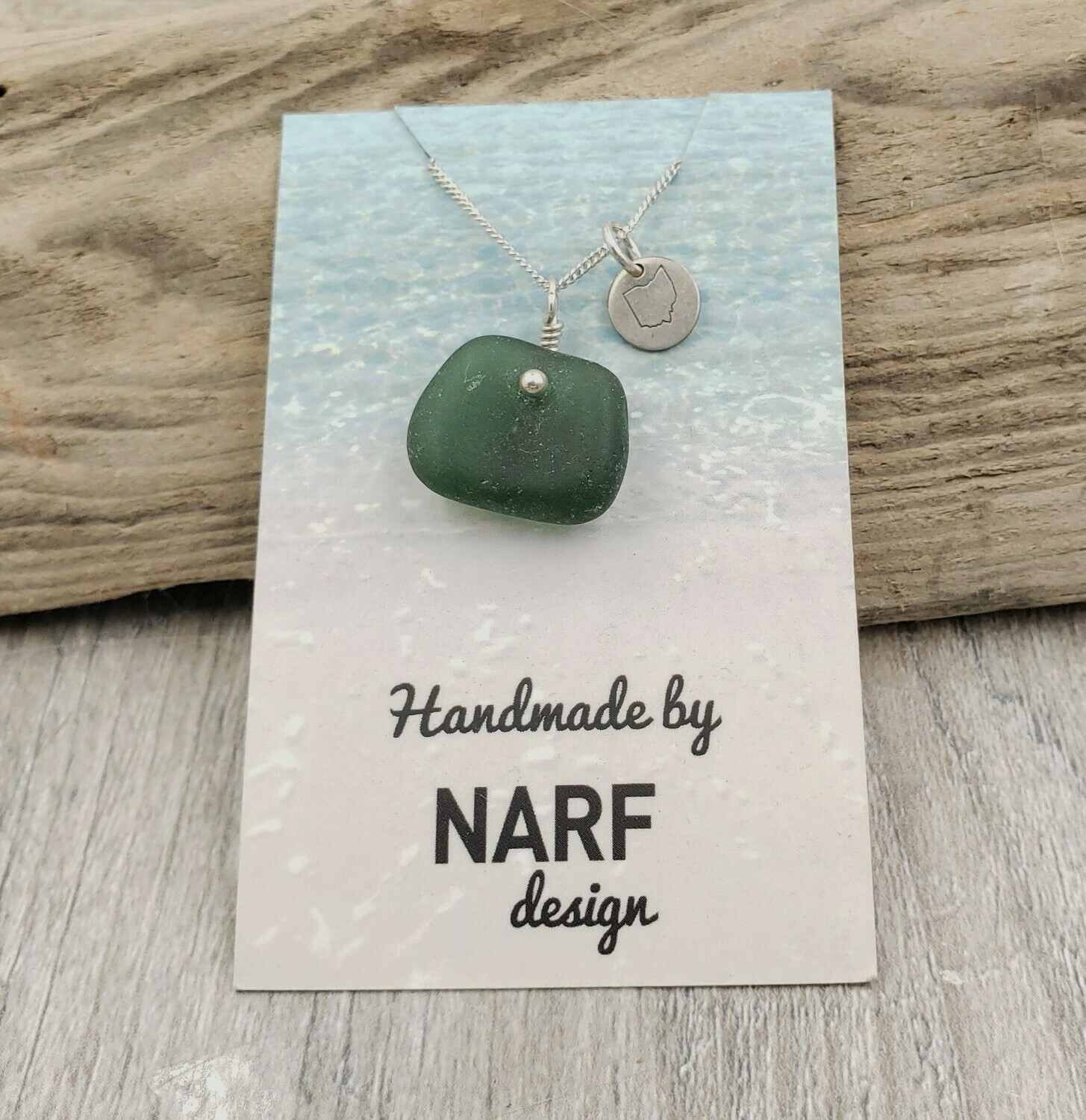 Dark Sage Green Lake Erie Beach Glass Necklace with Tiny Ohio Charm Accent
