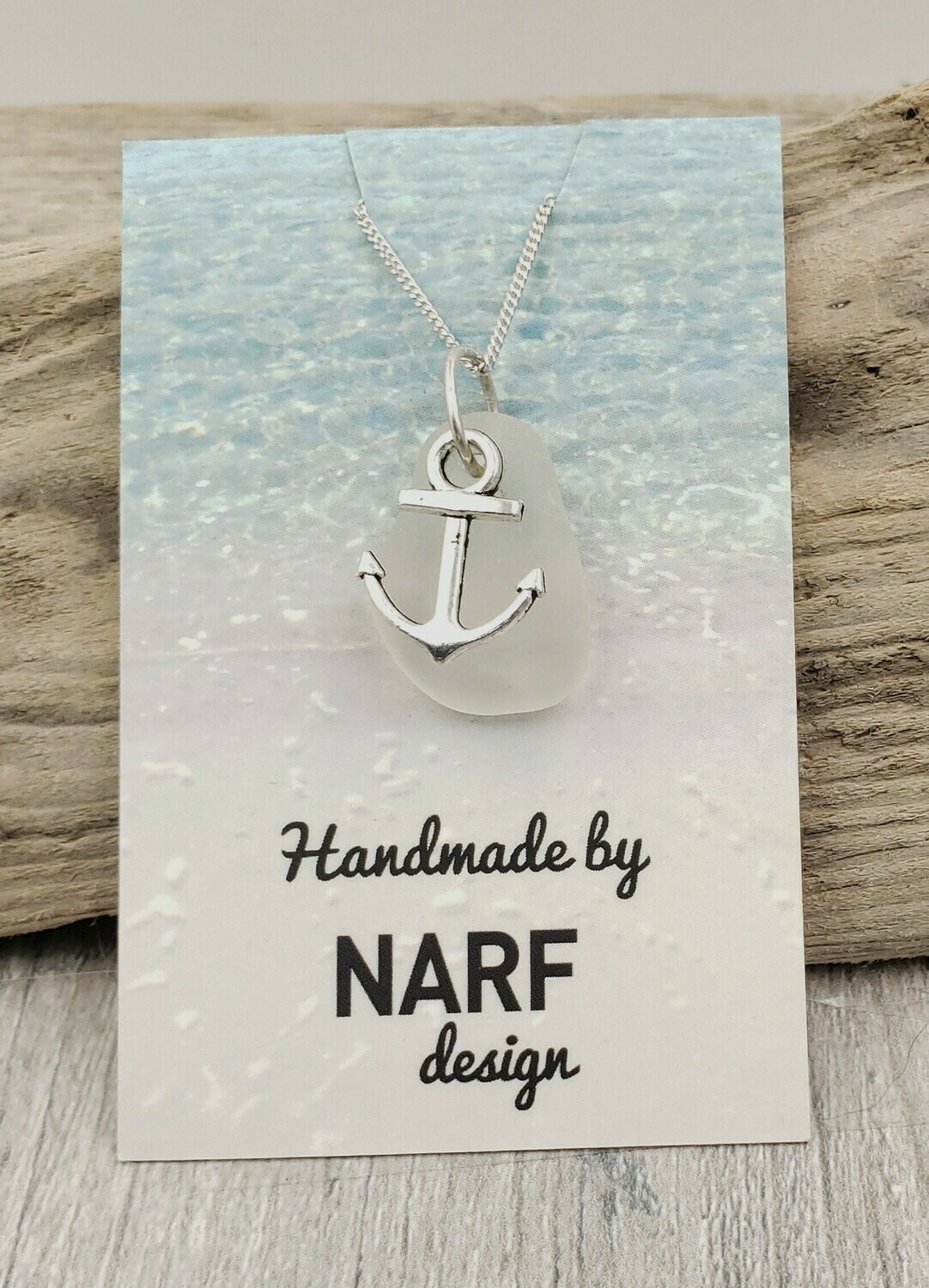 White Edgewater Beach Glass and Anchor Charm Necklace