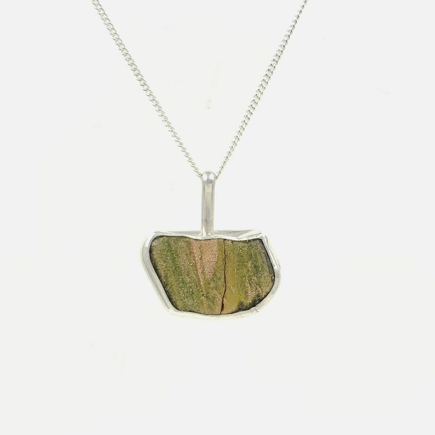 Green and Gold Lake Erie Beach Glass Tile Necklace Bezel Set in Sterling Silver
