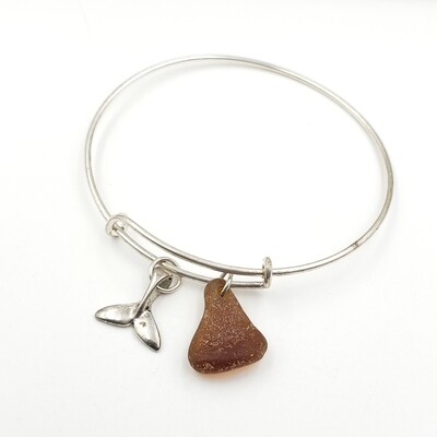 Bangle Bracelet with Whale Tale Charm and Brown Lake Erie Beach Glass