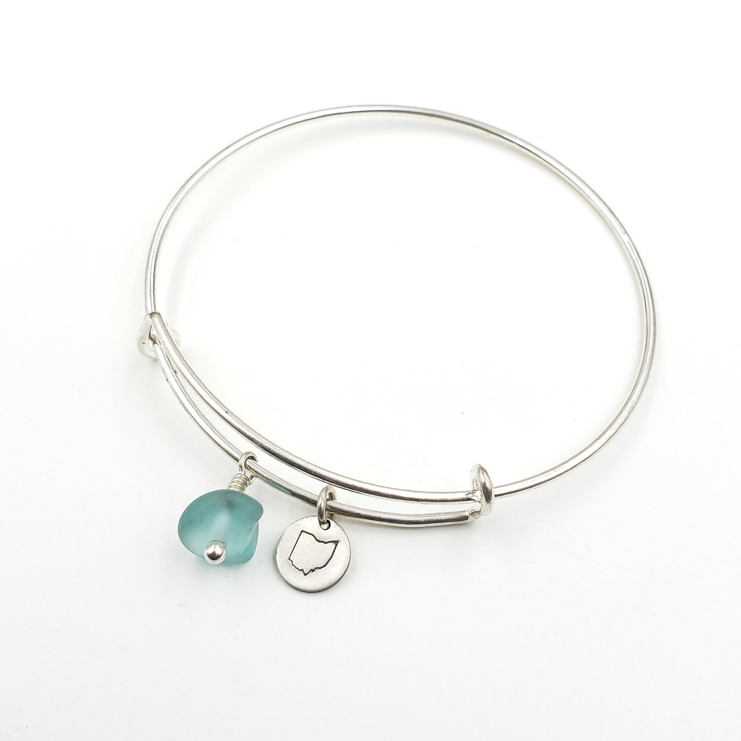 Bangle Bracelet with Stamped State of Ohio Charm and Light Blue Lake Erie Beach Glass