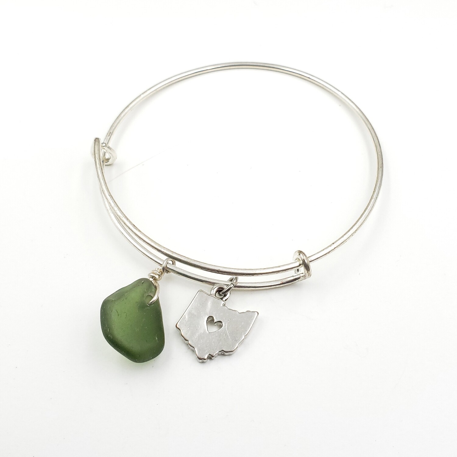 Bangle Bracelet with State of Ohio Charm and Olive Green Lake Erie Beach Glass