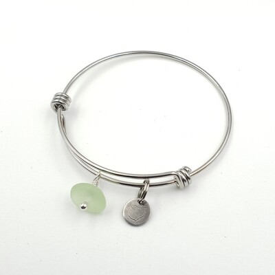 Bangle Bracelet with Stamped State of Ohio Charm and UV Vaseline Lake Erie Beach Glass