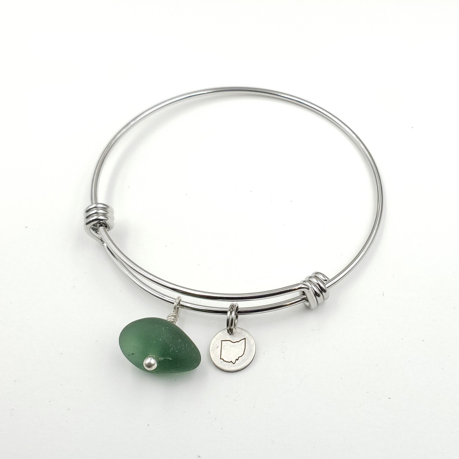 Bangle Bracelet with Stamped State of Ohio Charm and olive green Lake Erie Beach Glass