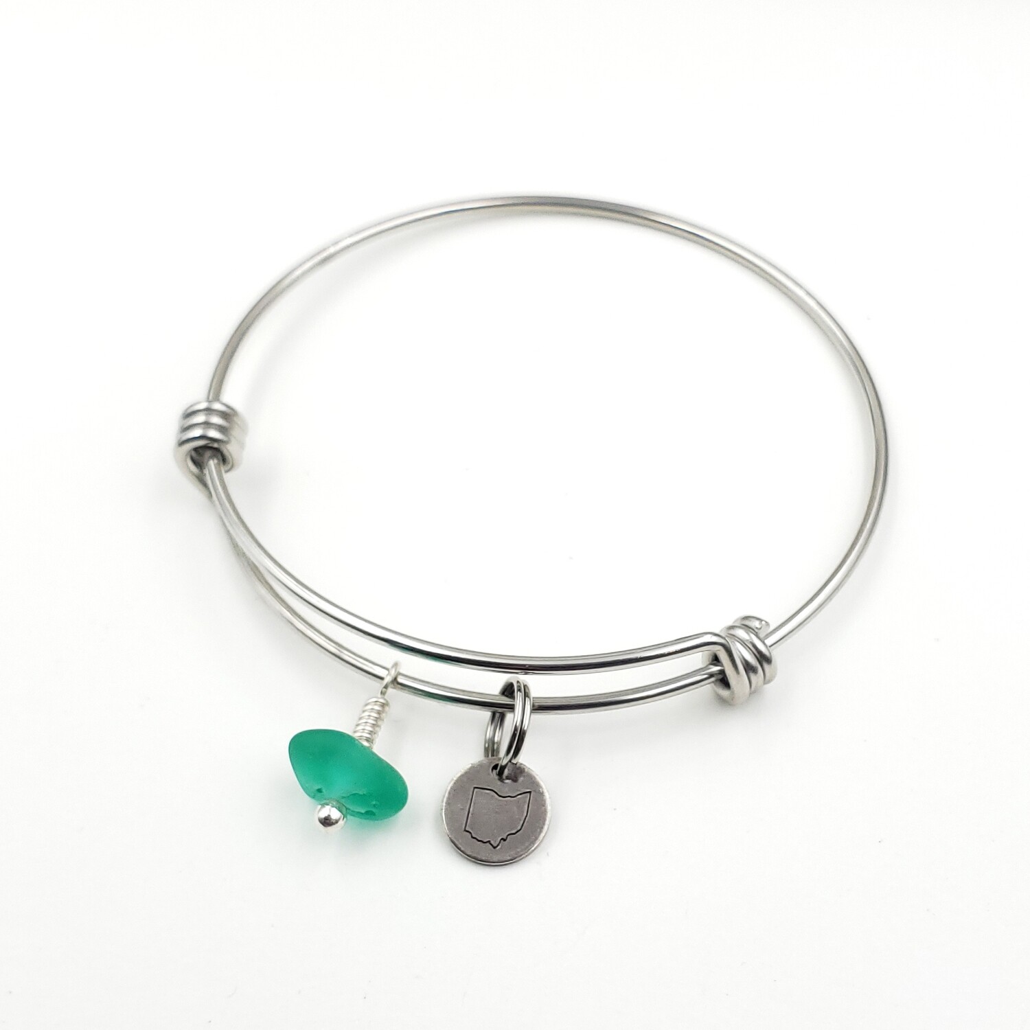 Bangle Bracelet with Stamped State of Ohio Charm and teal green Lake Erie Beach Glass