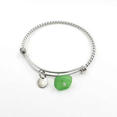 Twisted Bangle Bracelet with Stamped State of Ohio Charm and Green Lake Erie Beach Glass