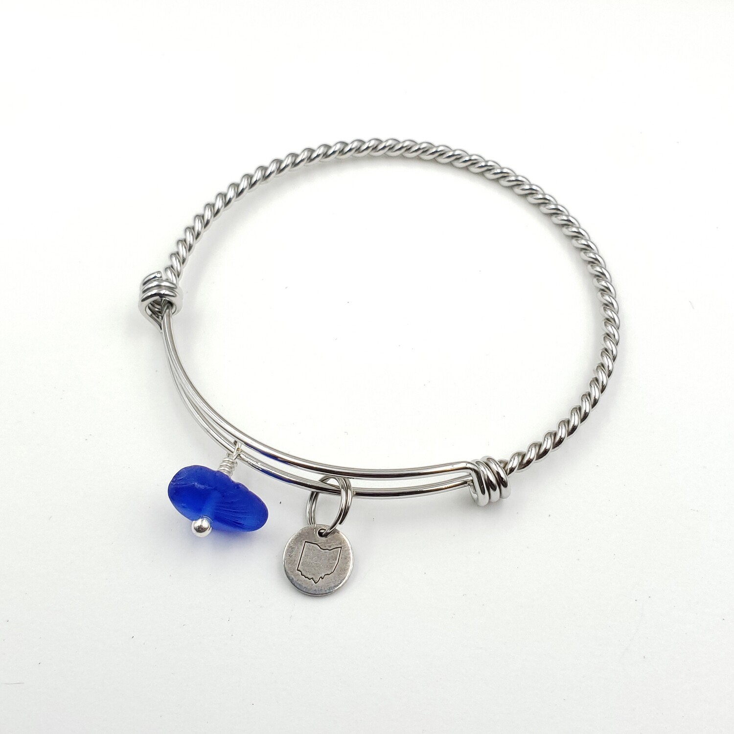 Twisted Bangle Bracelet with Stamped State of Ohio Charm and Cobalt Blue Lake Erie Beach Glass