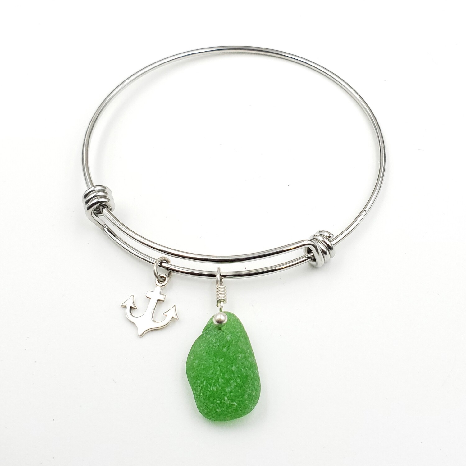 Bangle Bracelet with Anchor Charm and Green Lake Erie Beach Glass