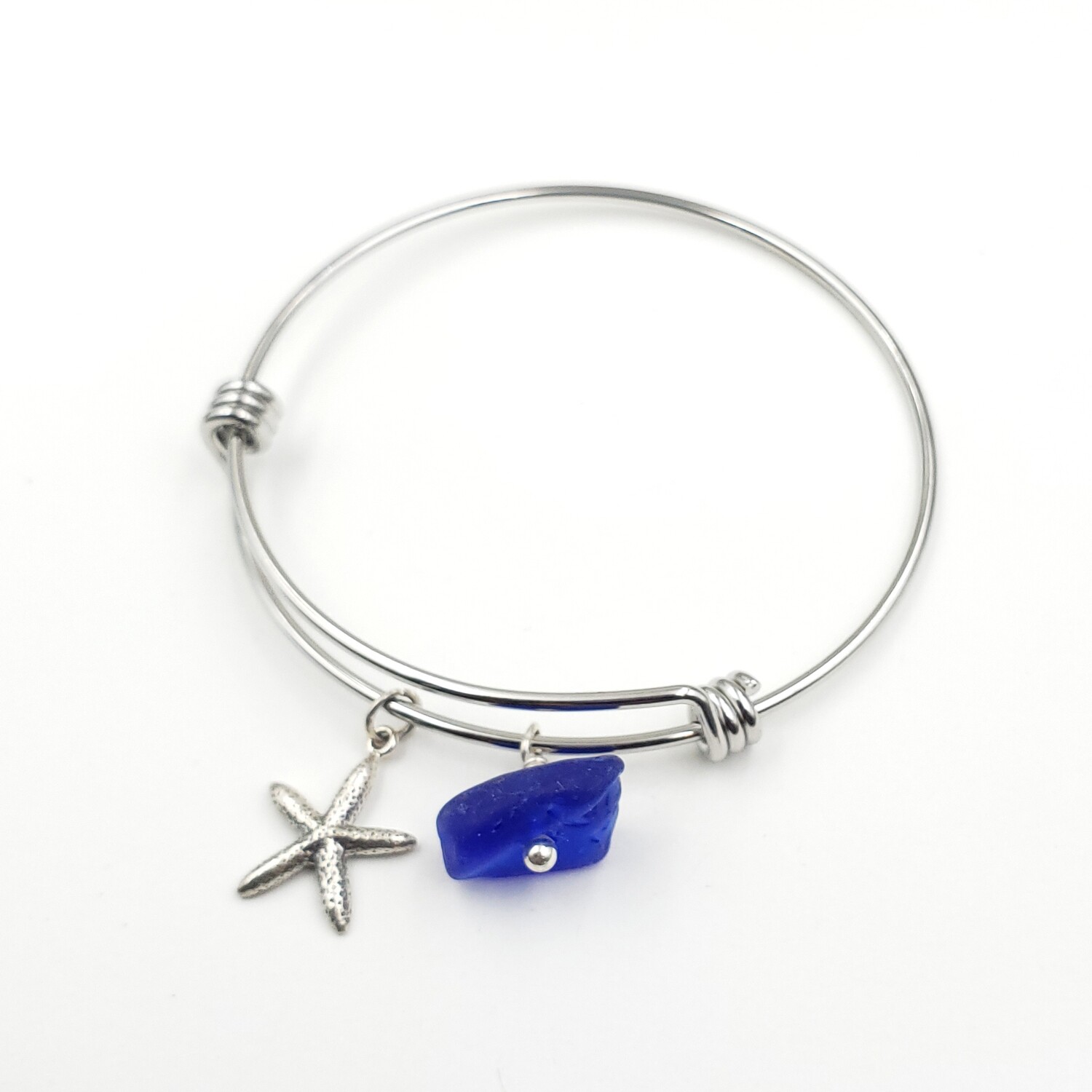 Bangle Bracelet with Starfish Charm and Blue Lake Erie Beach Glass