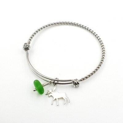 Twisted Bangle Bracelet with Moose Charm and Green Lake Erie Beach Glass
