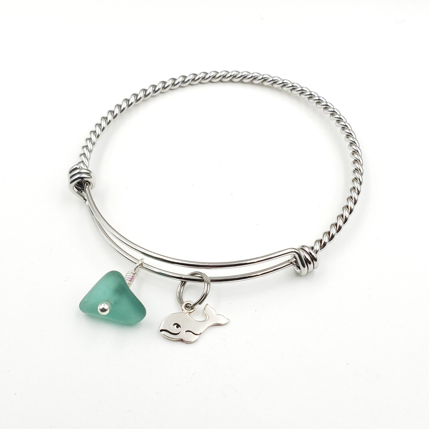 Twisted Bangle Bracelet with Whale Charm and Teal Lake Erie Beach Glass