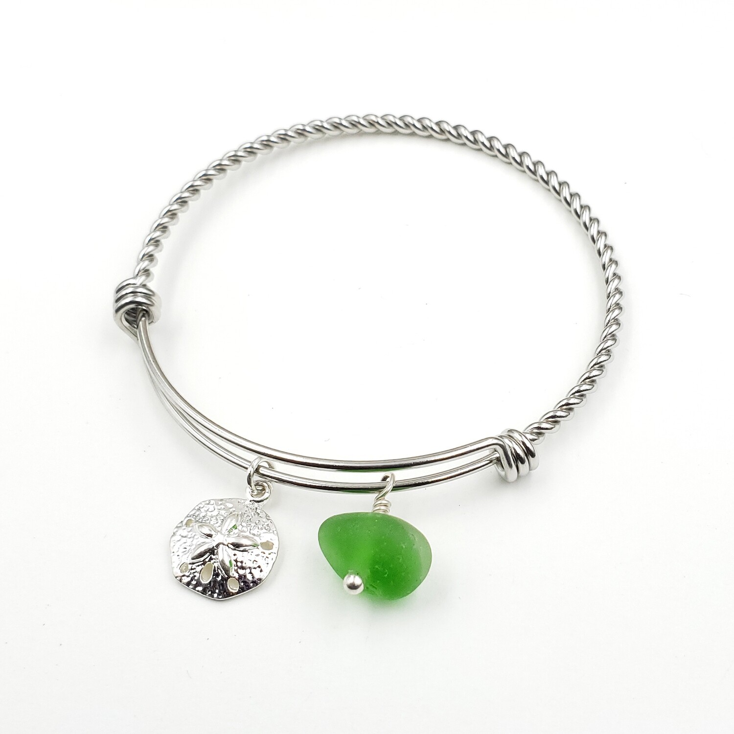 Twisted Bangle Bracelet with Sanddollar Charm and Green Lake Erie Beach Glass