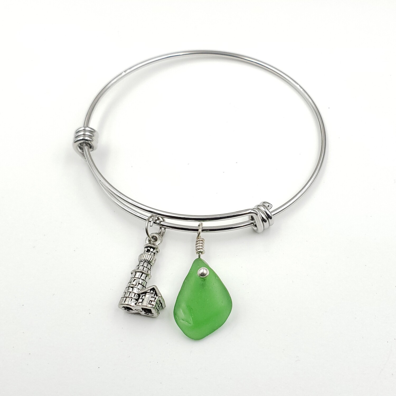 Bangle Bracelet with Lighthouse Charm and Green Lake Erie Beach Glass