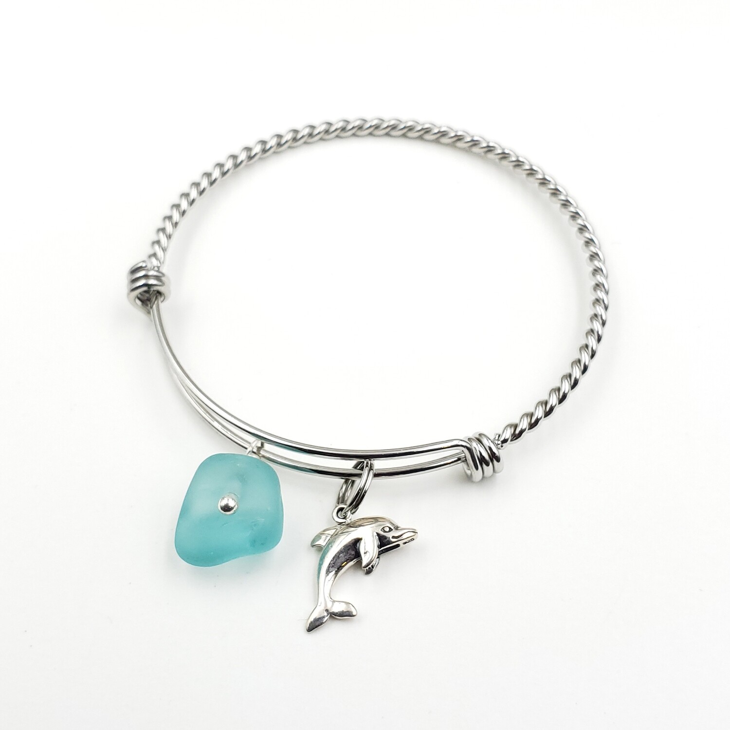 Twisted Bangle Bracelet with Dolphin Charm and Light Blue Lake Erie Beach Glass