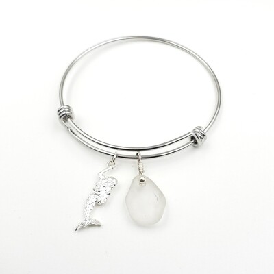 Bangle Bracelet with Mermaid Charm and White Lake Erie Beach Glass