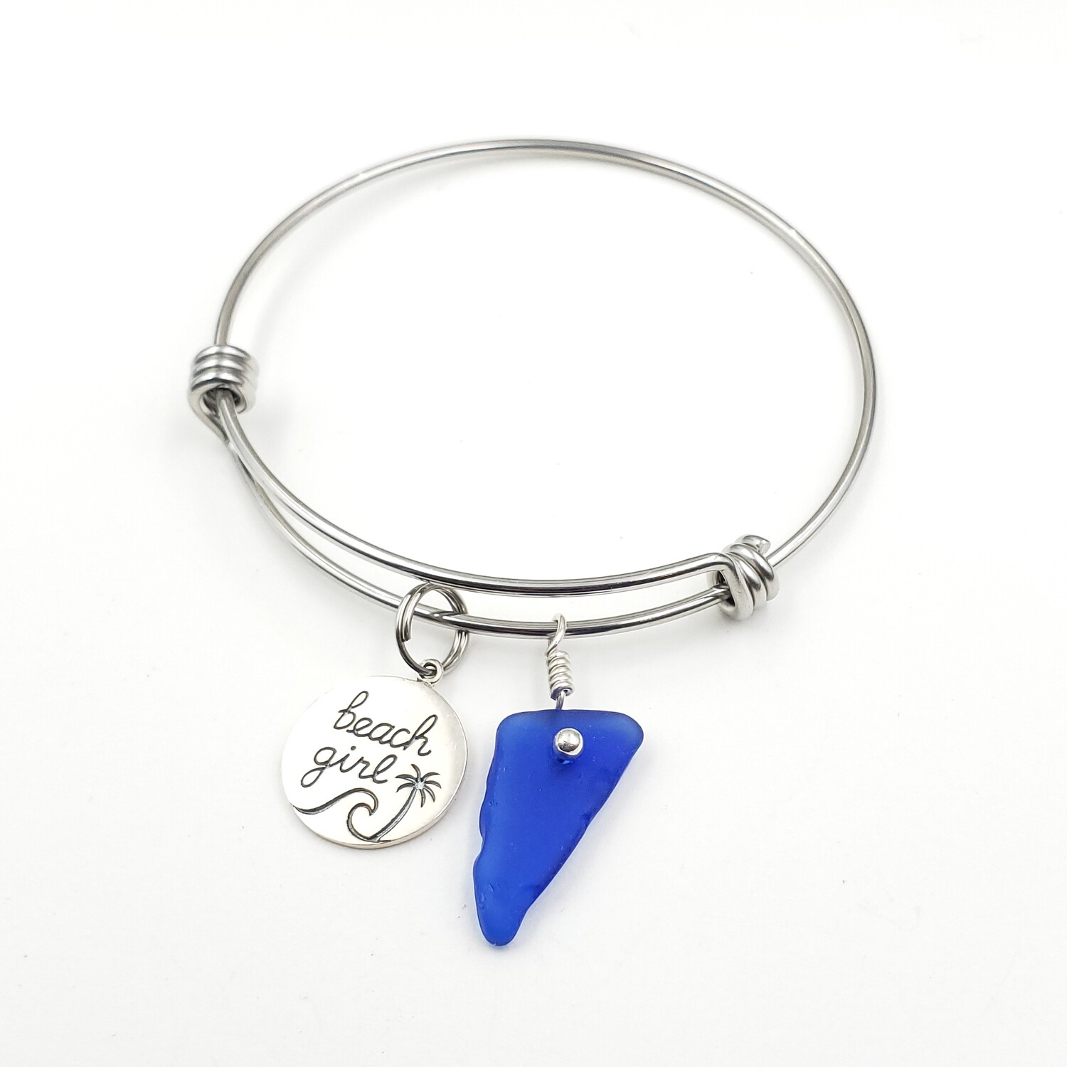 Bangle Bracelet with "Beach Girl" Charm and Blue Lake Erie Beach Glass