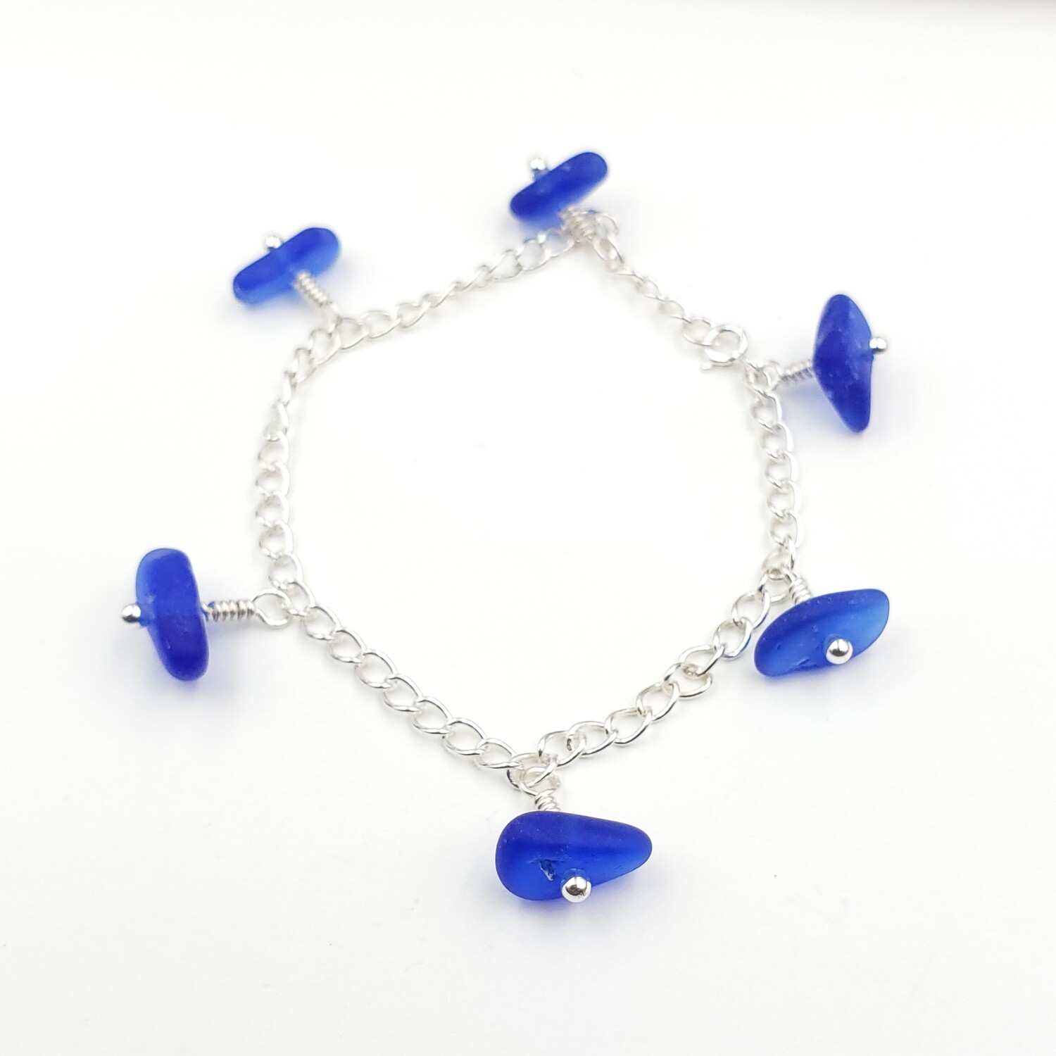 Cobalt Blue Lake Erie Beach Glass Curb Chain Bracelet in Sterling Silver