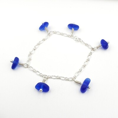 Cobalt Blue Lake Erie Beach Glass Figaro Chain Bracelet in Sterling Silver