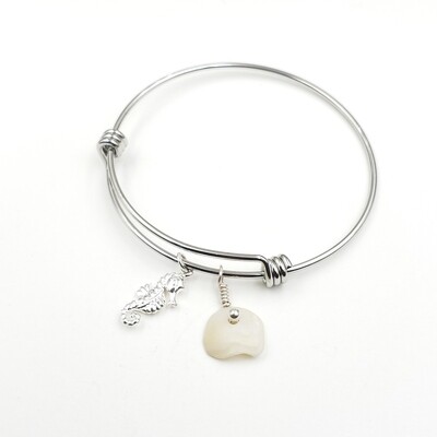 Bangle Bracelet with Seahorse Charm and Lake Erie Lucky Stone