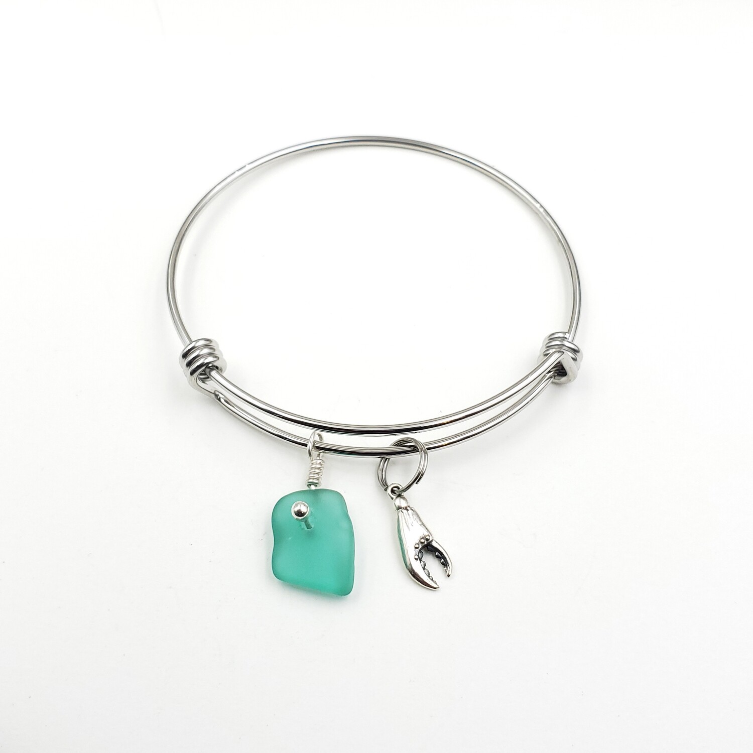 Bangle Bracelet with Crab Claw Charm and Teal Green Maine Sea Glass