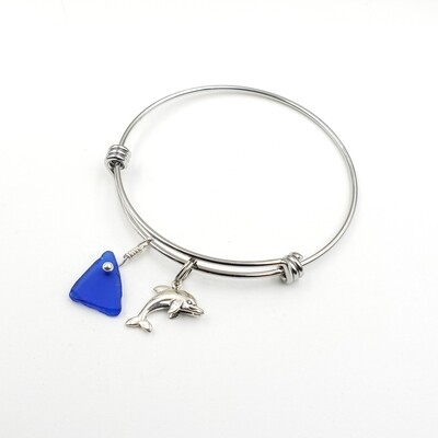 Bangle Bracelet with Dolphin Charm and Blue Maine Sea Glass