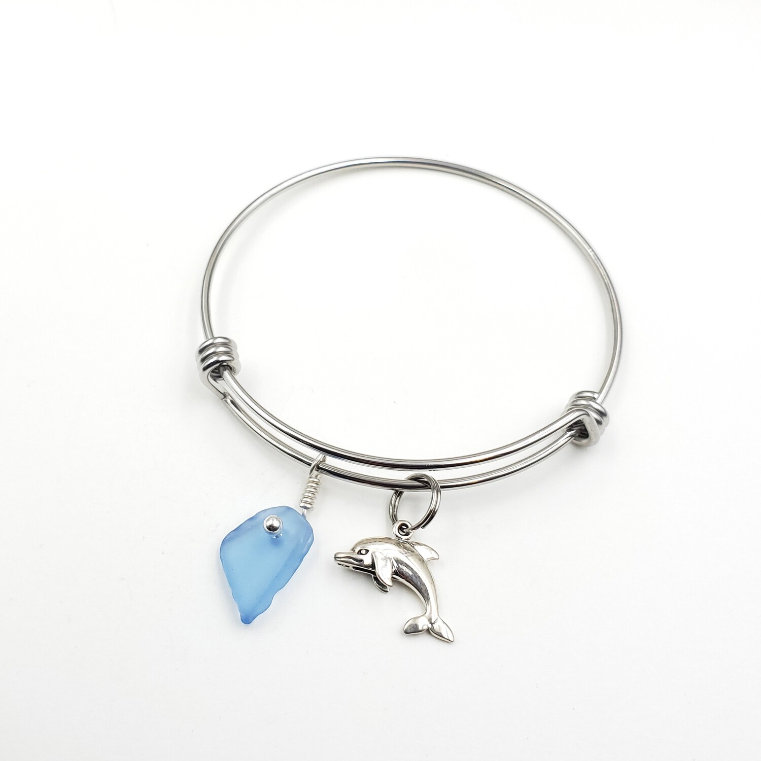 Bangle Bracelet with Dolphin Charm and Cornflower Blue Maine Sea Glass