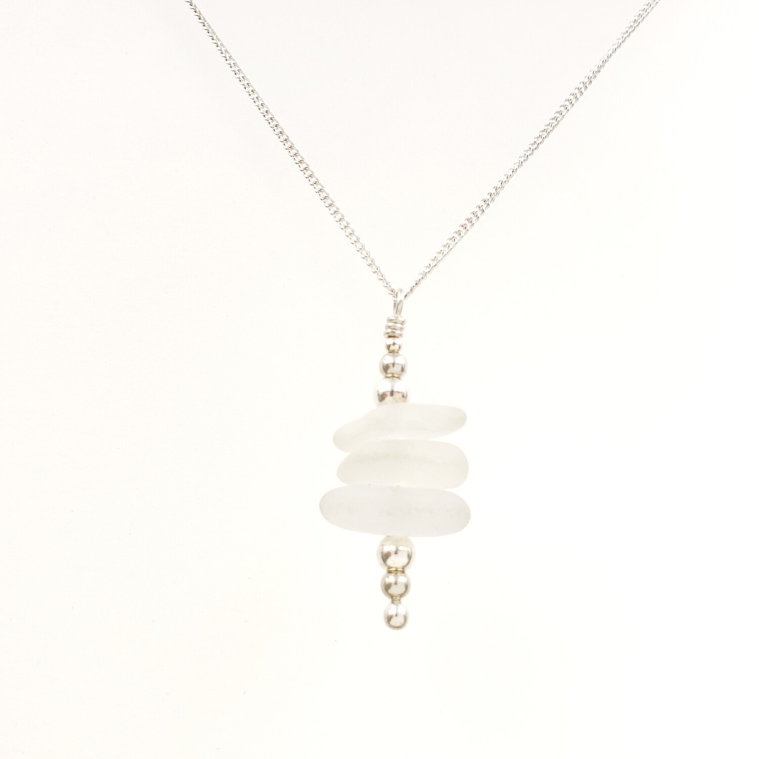 White Lake Erie Beach Glass Stacking Necklace with Silver Beads