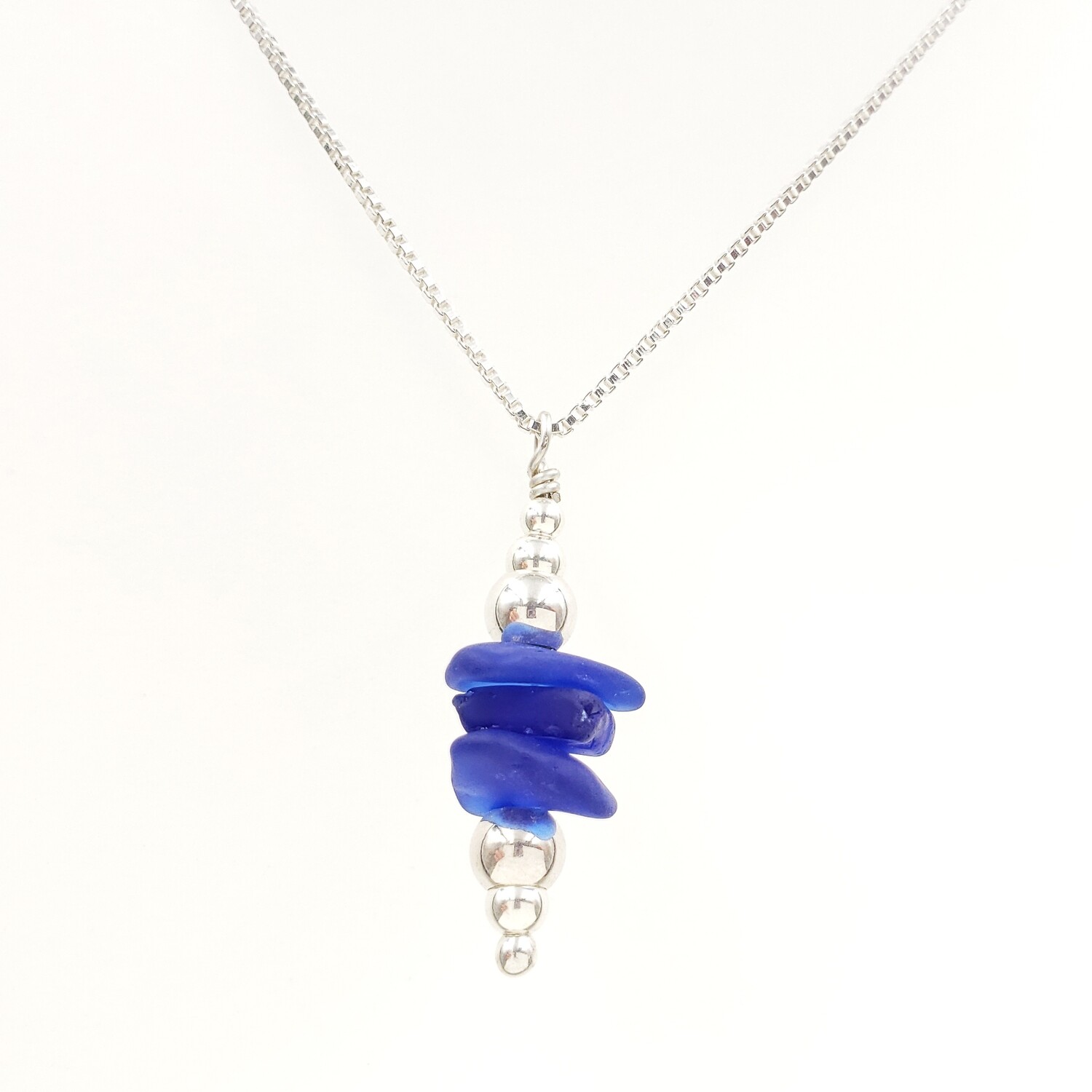 Cobalt Blue Lake Erie Beach Glass Stacking Necklace with Silver Beads