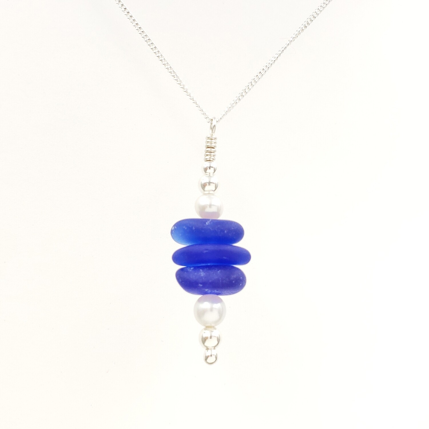 Cobalt Blue Lake Erie Beach Glass Stacking Necklace with Freshwater Pearls and Silver Beads