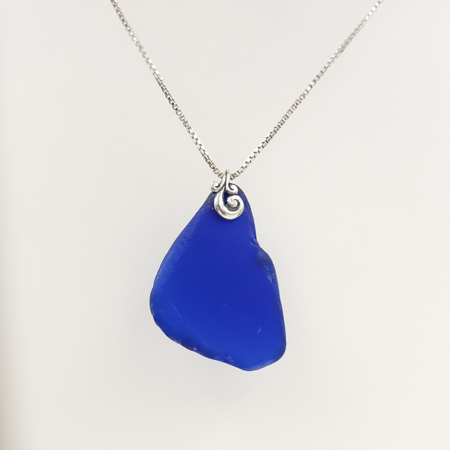 Cobalt Blue Maine Sea Glass Necklace With Wave Bail