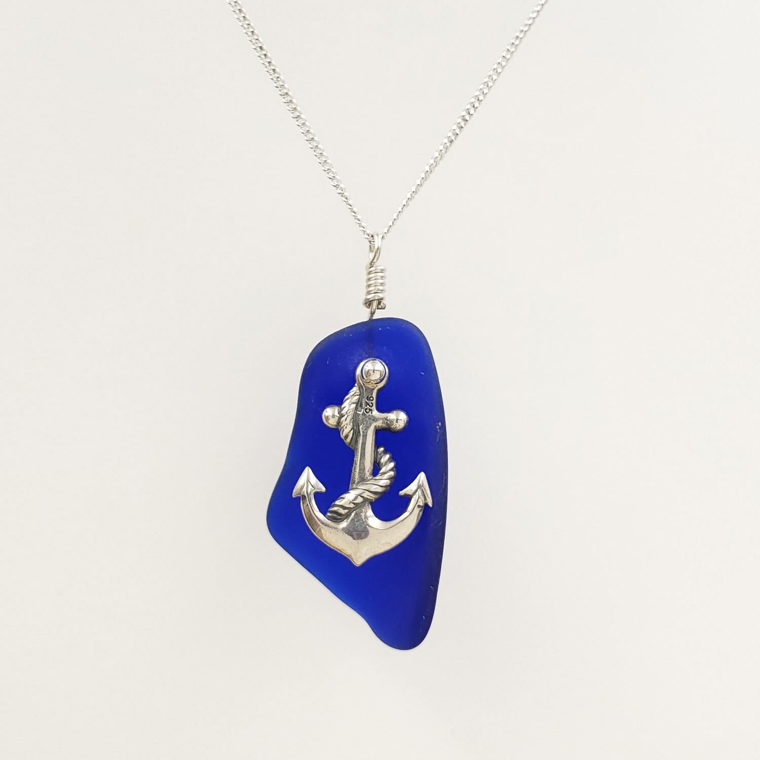 Cobalt Blue Maine Sea Glass and Anchor Charm Necklace