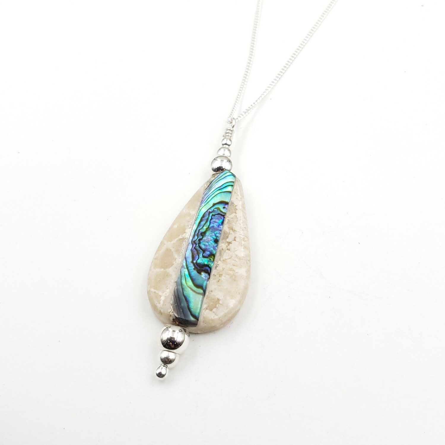 Fossil With Abalone Inlay Stack Necklace with Silver Beads