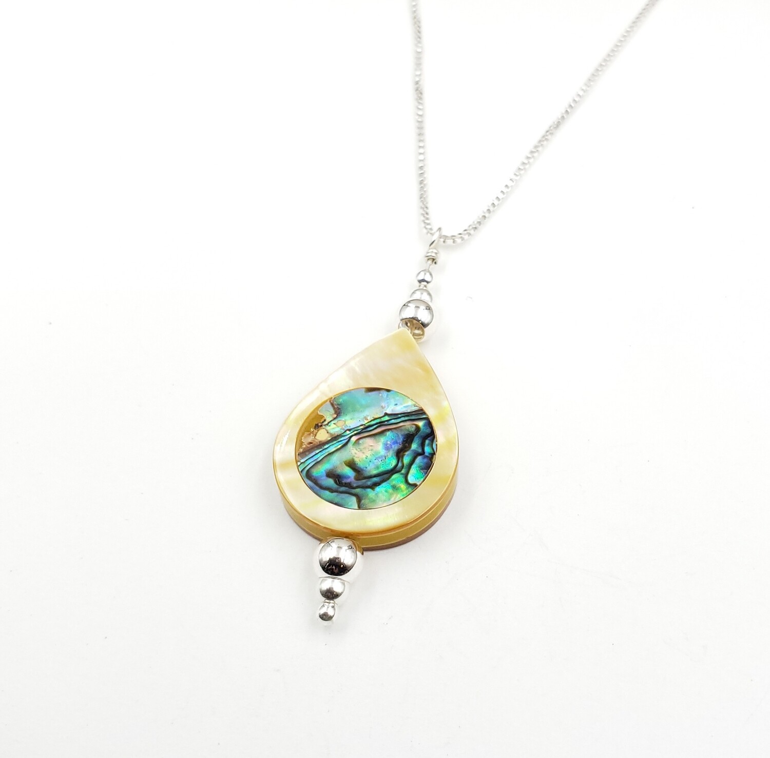 Mother of Pearl Teardrop with Abalone Inlay Necklace with Silver Beads