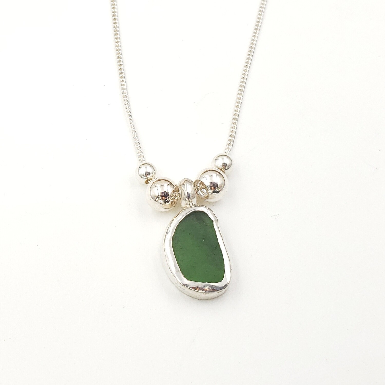 Olive Green Lake Erie Beach Glass Necklace Bezel Set in Sterling Silver with Silver Beads