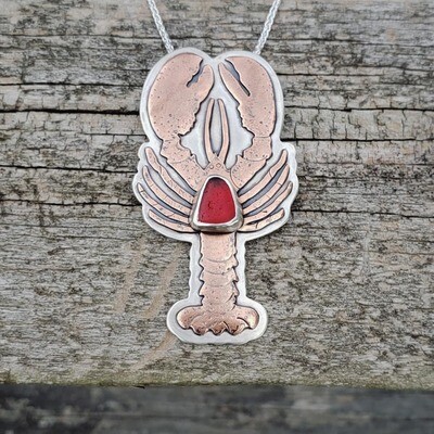 Copper and Sterling Silver Lobster Necklace with Red Lake Erie Beach Glass