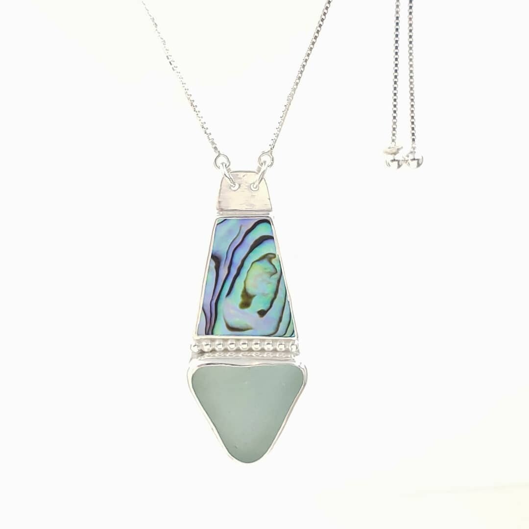 Bezel-set Abalone with Sea Foam Lake Erie Beach Glass Necklace