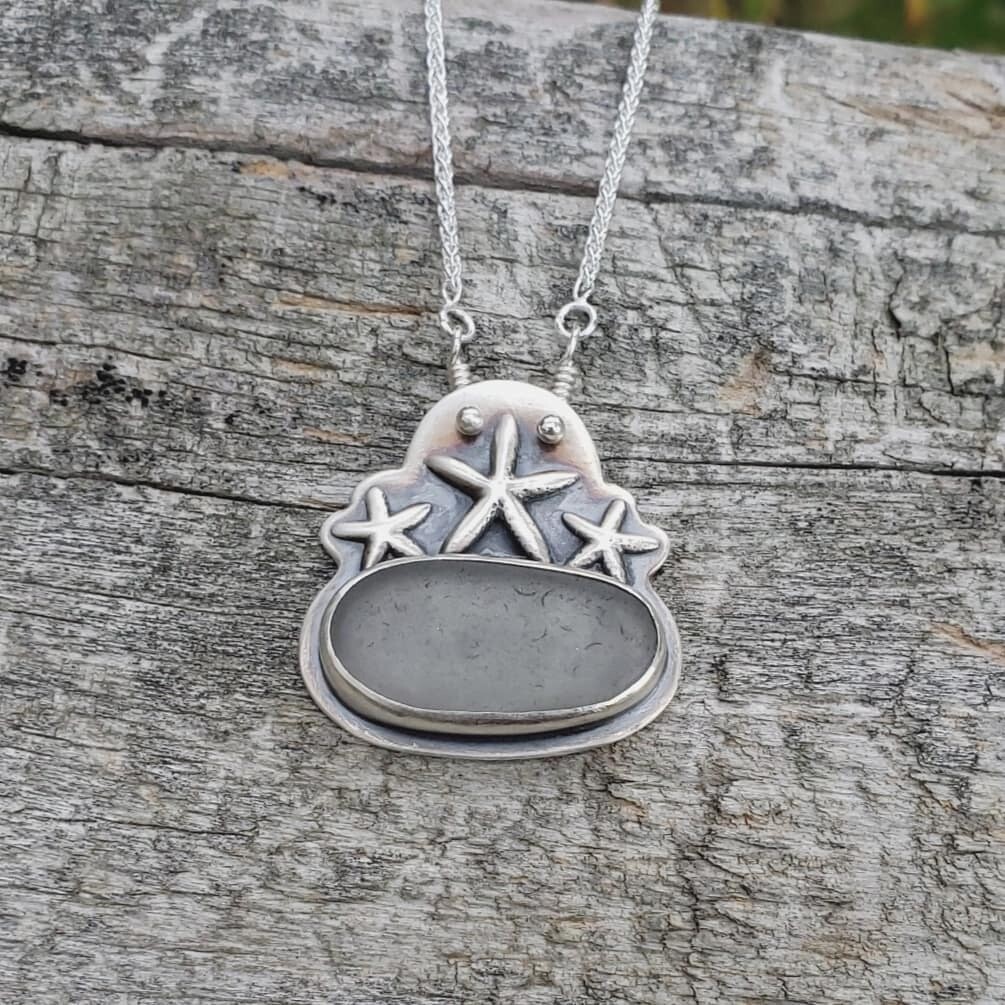Gray Lake Erie Beach Glass with Sterling Silver Starfish Necklace