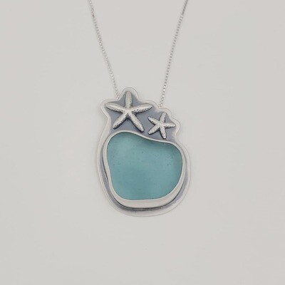 Light Blue Beach Glass Necklace with Starfish Detail Light Blue Beach Glass Necklace with Starfish Detail
