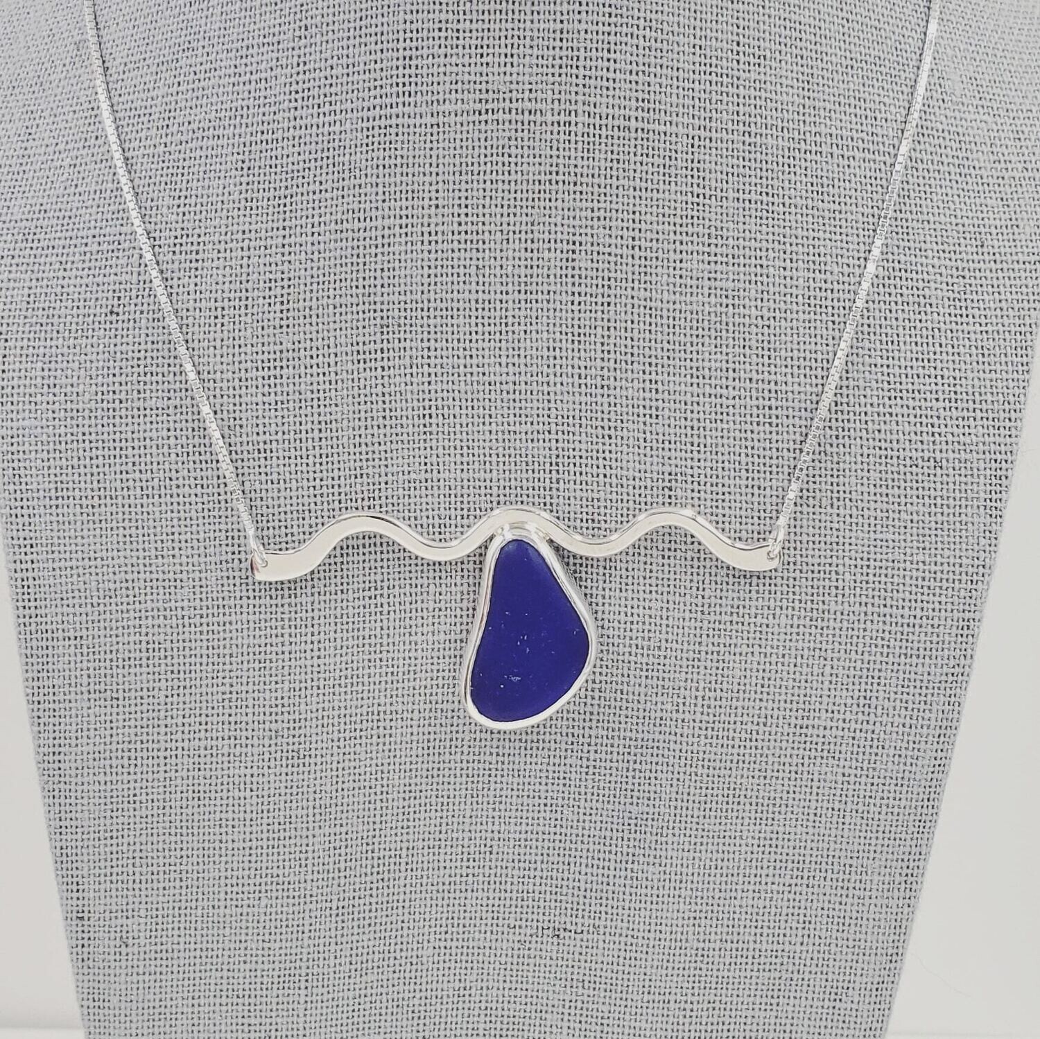 Cobalt Blue Lake Erie Beach Glass Wave Necklace
