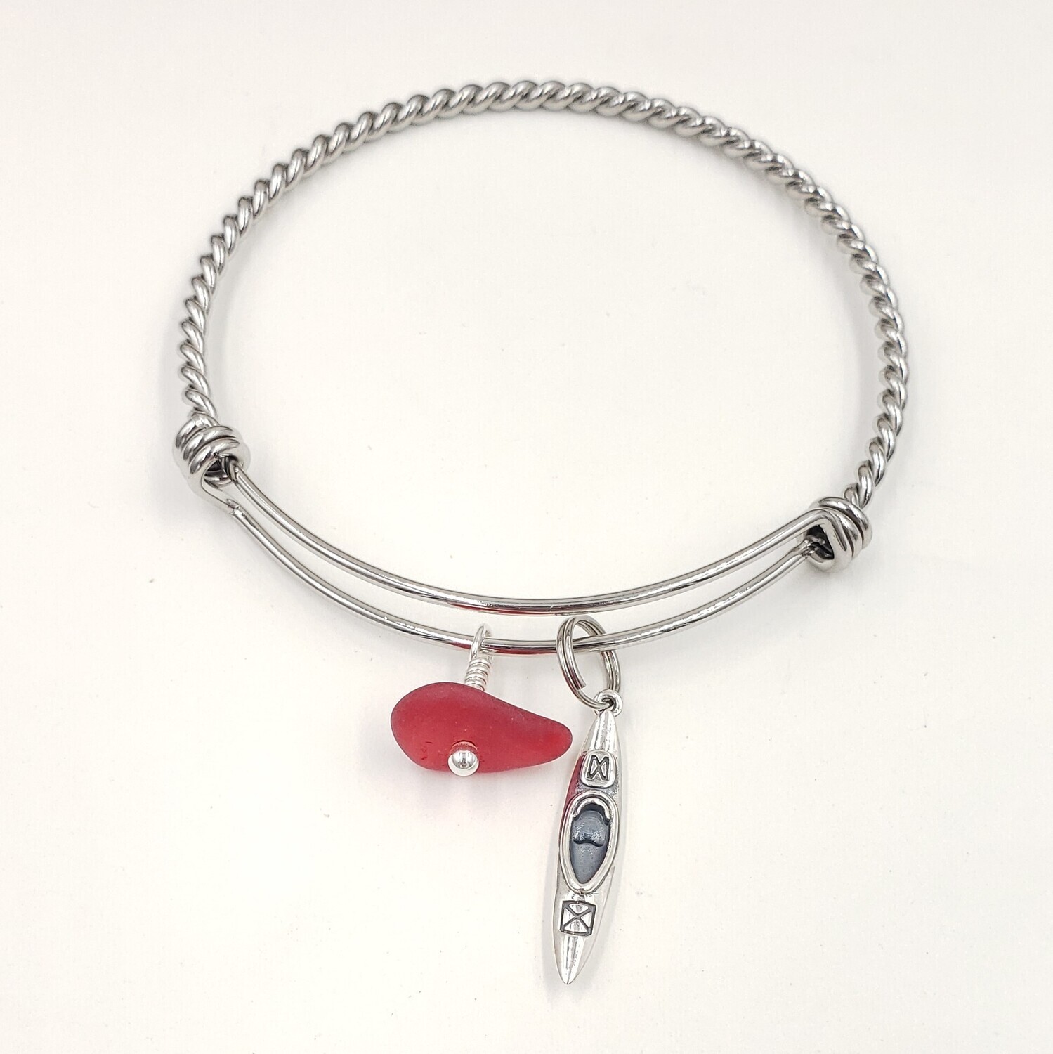 Bangle Bracelet with Kayak Charm and Red Lake Erie Beach Glass