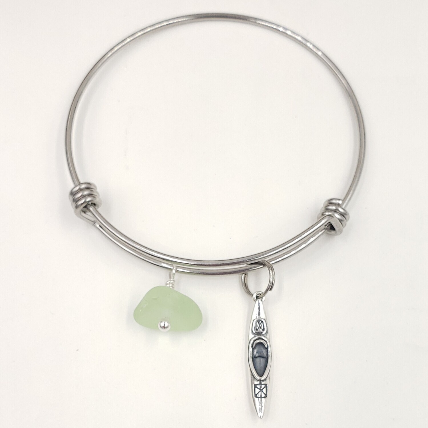 Bangle Bracelet with Kayak Charm and UV Vaseline Lake Erie Beach Glass