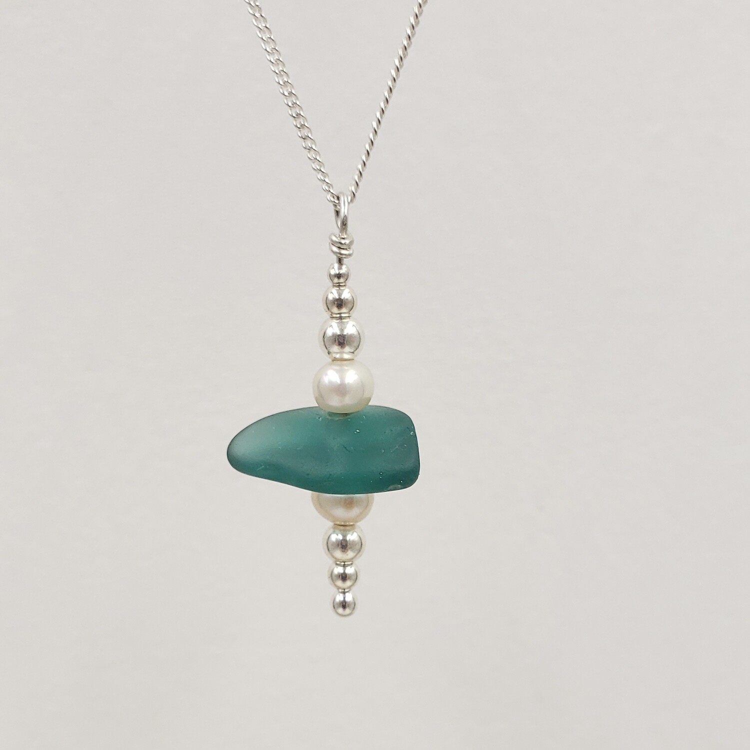 Teal Lake Erie Beach Glass Stacking Necklace with Freshwater Pearls